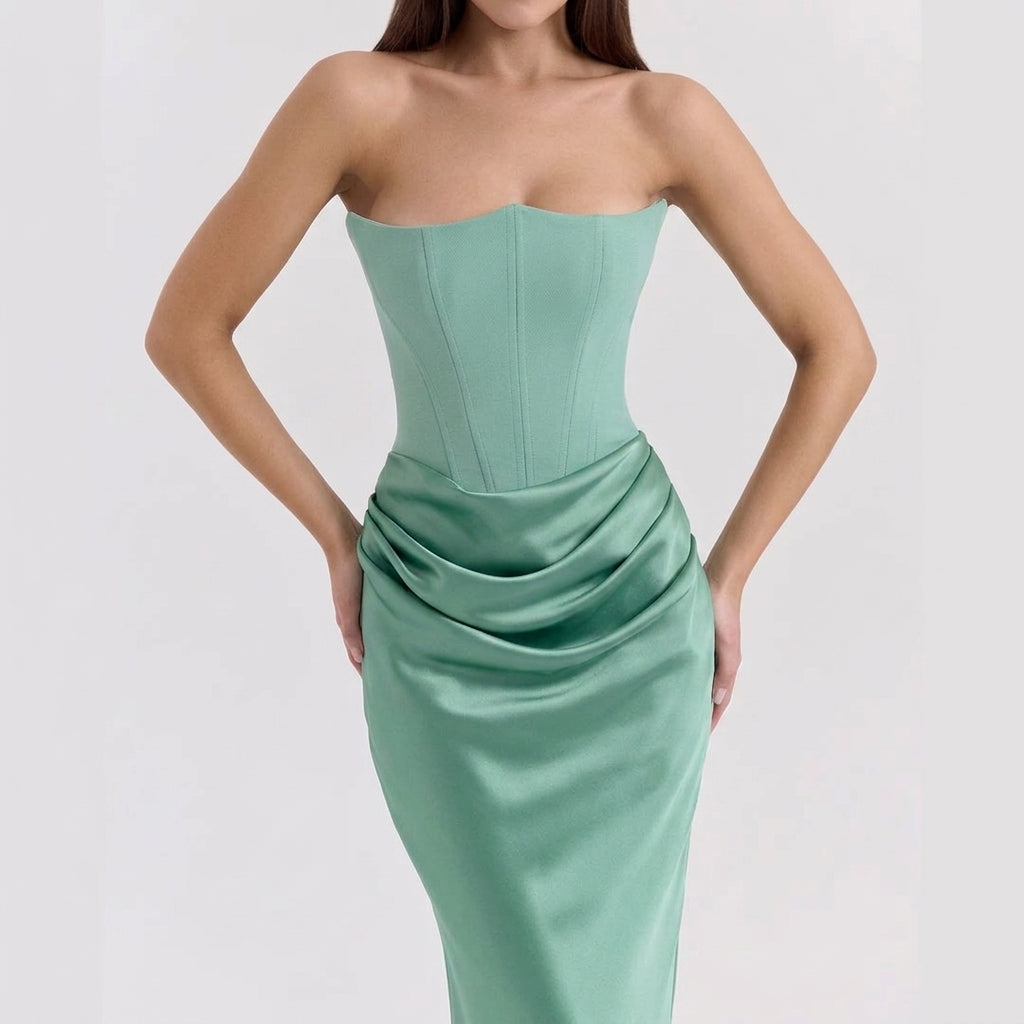One-Shoulder Pleated Bodysuit Maxi Dress