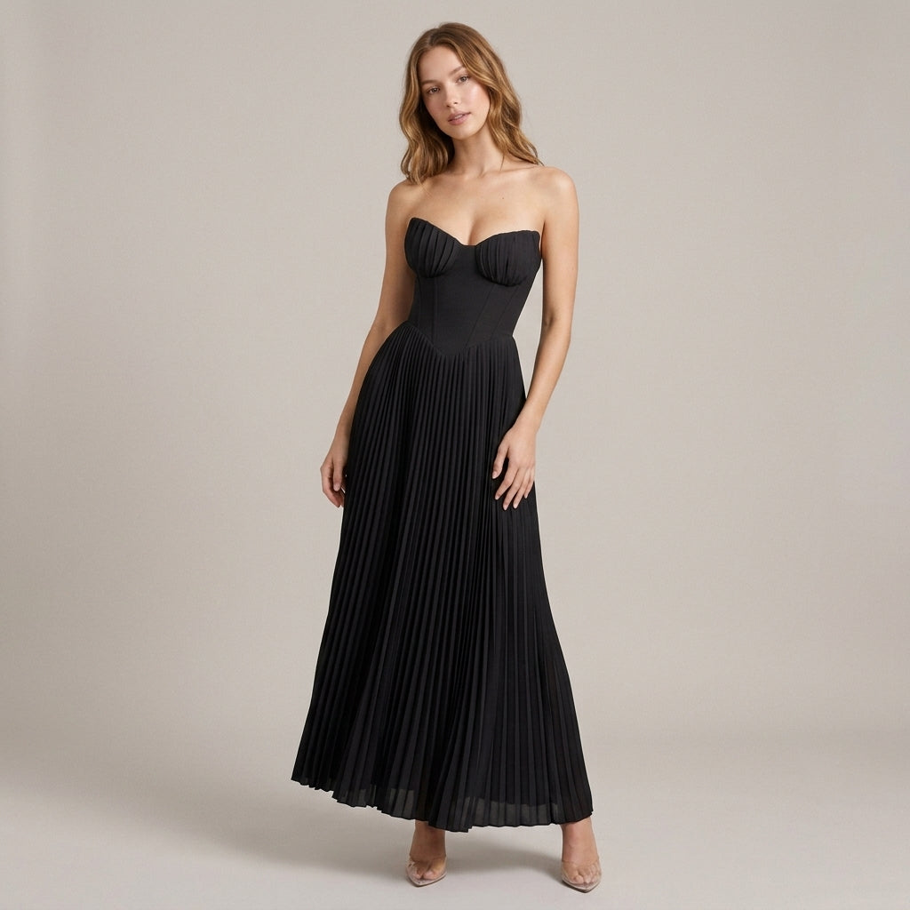 Strapless Ruched Pleated V-Neck Maxi Gown