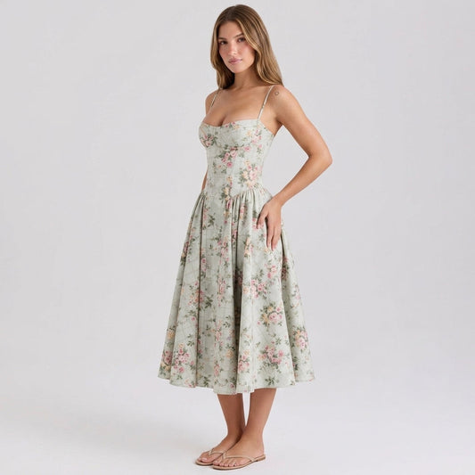 Off-The-Shoulder Puff Sleeve Corset Midi Dress