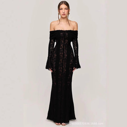 One-Shoulder Bell Sleeve Lace Maxi Gown
