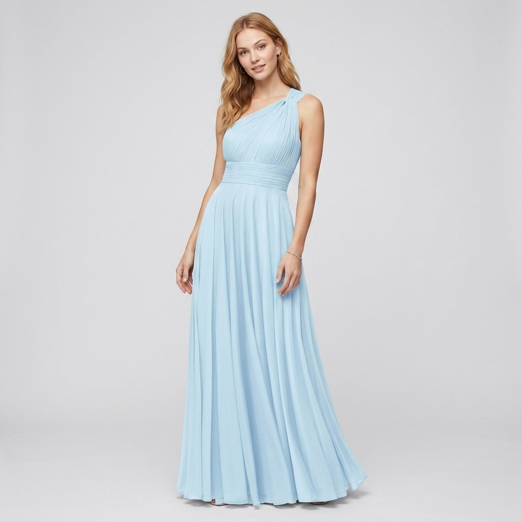 One-Shoulder V-Neck Chiffon Maxi Gown
