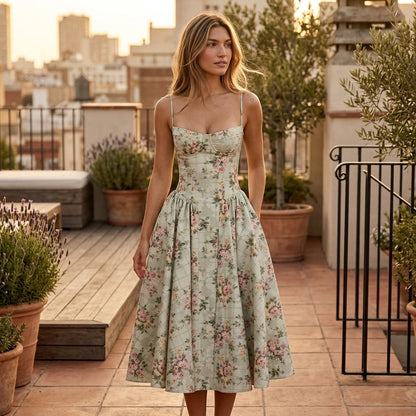 Off-The-Shoulder Puff Sleeve Corset Midi Dress