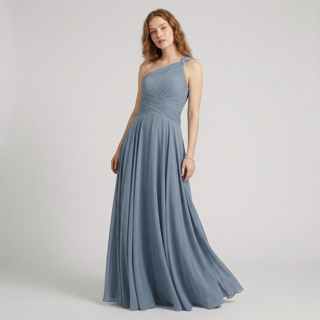 One-Shoulder V-Neck Chiffon Maxi Gown