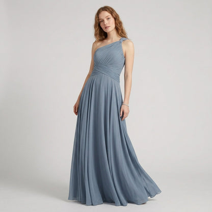 One-Shoulder V-Neck Chiffon Maxi Gown