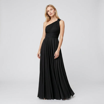 One-Shoulder V-Neck Chiffon Maxi Gown