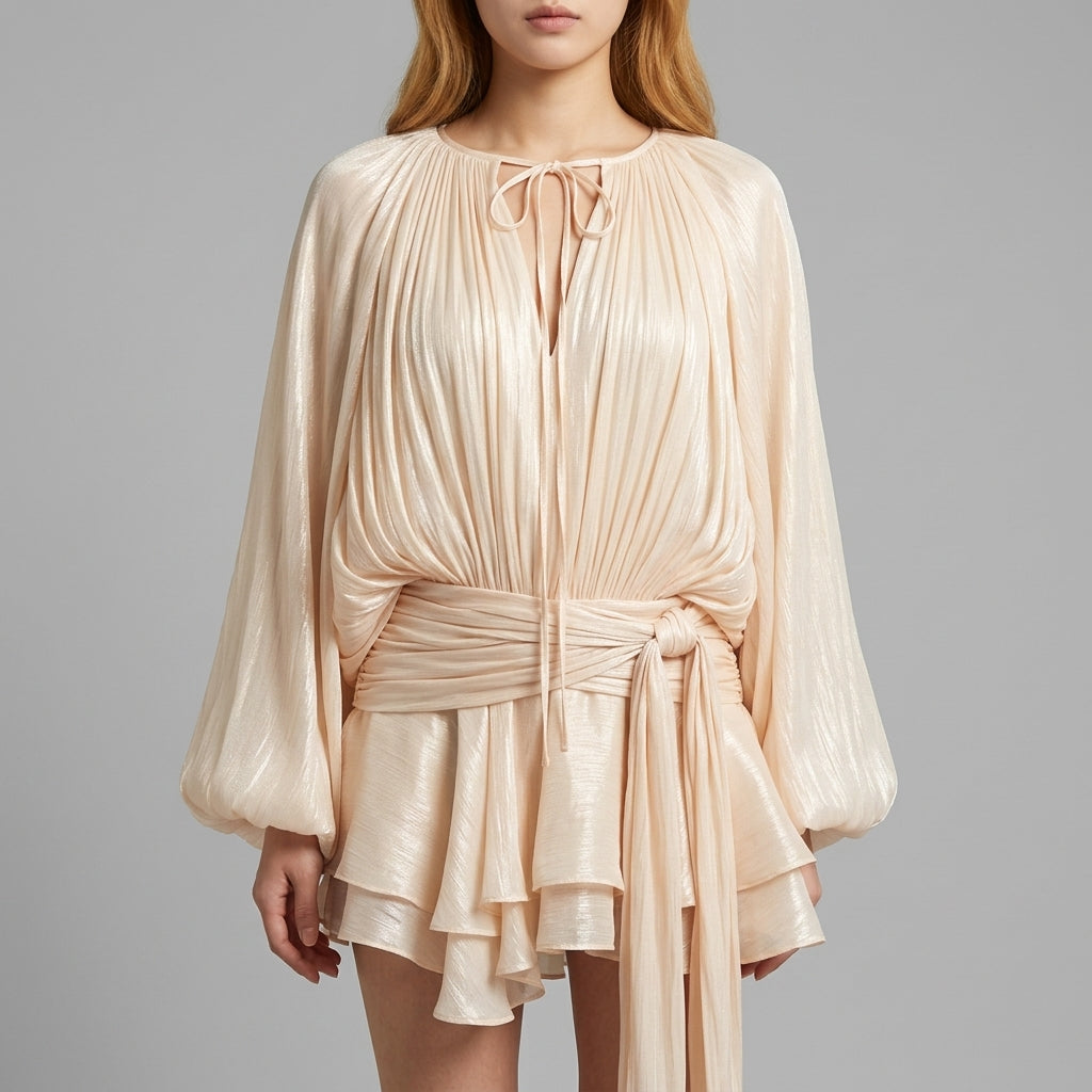 Ruffled French Style Apricot Mini Dress