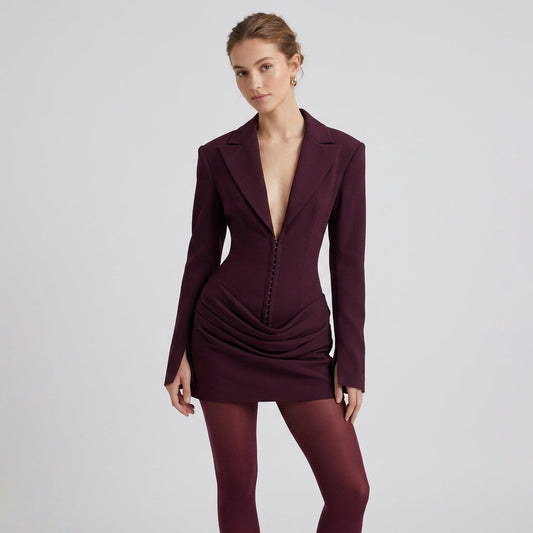 Deep V-Neck Suit Collar Milk Silk Mini Dress