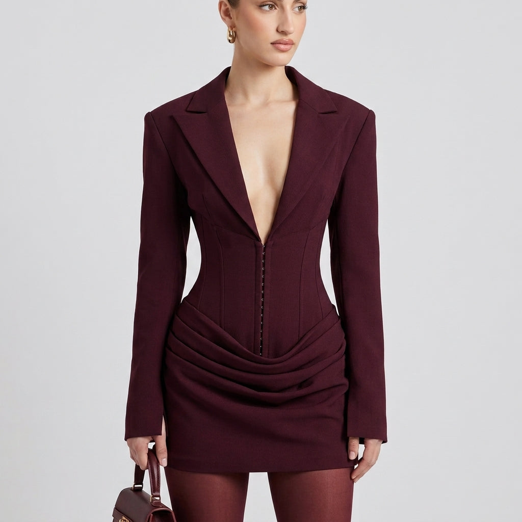 Deep V-Neck Suit Collar Milk Silk Mini Dress