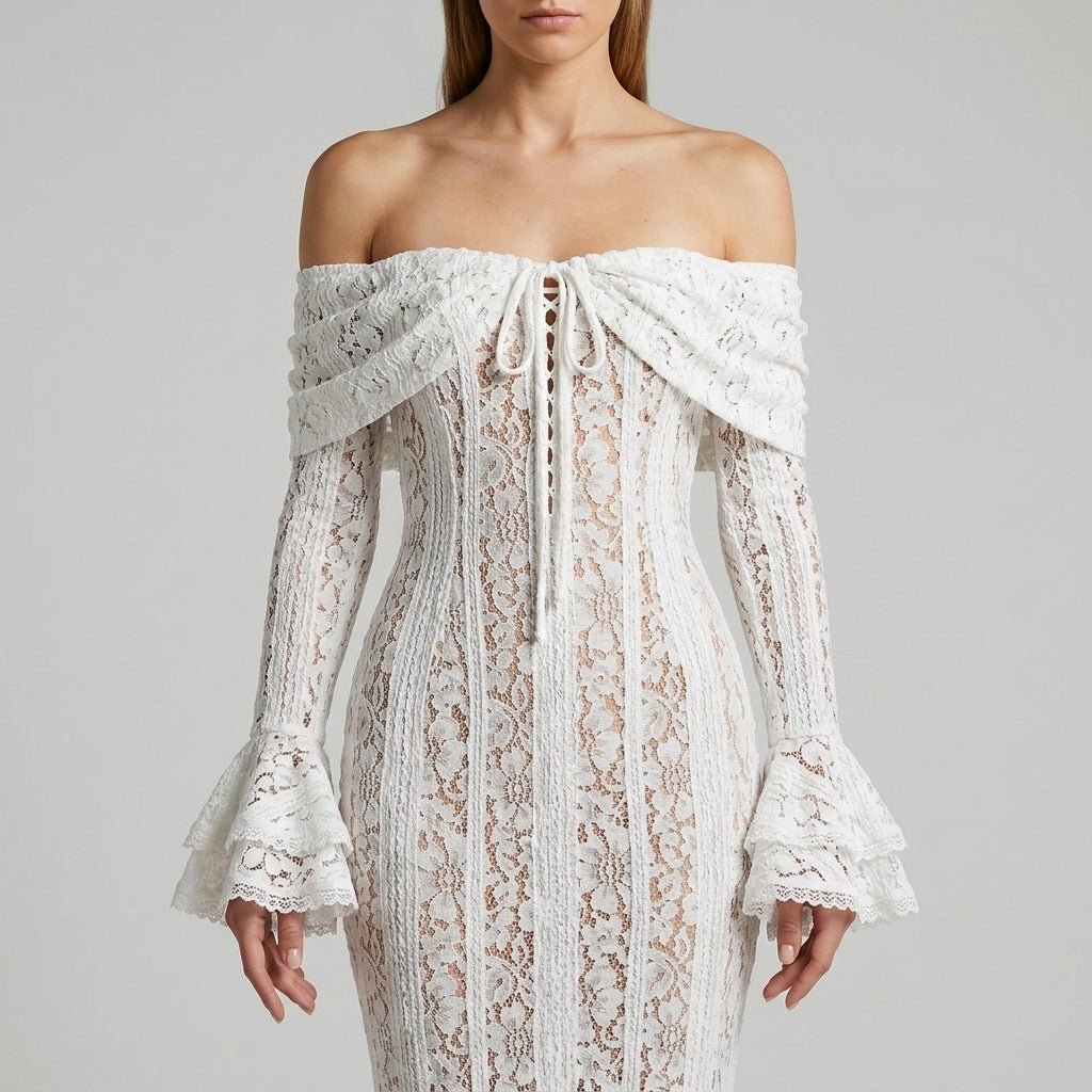 One-Shoulder Bell Sleeve Lace Maxi Gown