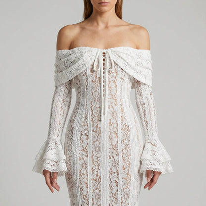 One-Shoulder Bell Sleeve Lace Maxi Gown