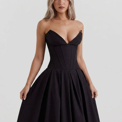 Deep V-Neck Wrap Sleeveless Mid-Length Dress