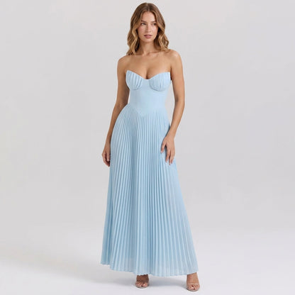 Strapless Ruched Pleated V-Neck Maxi Gown