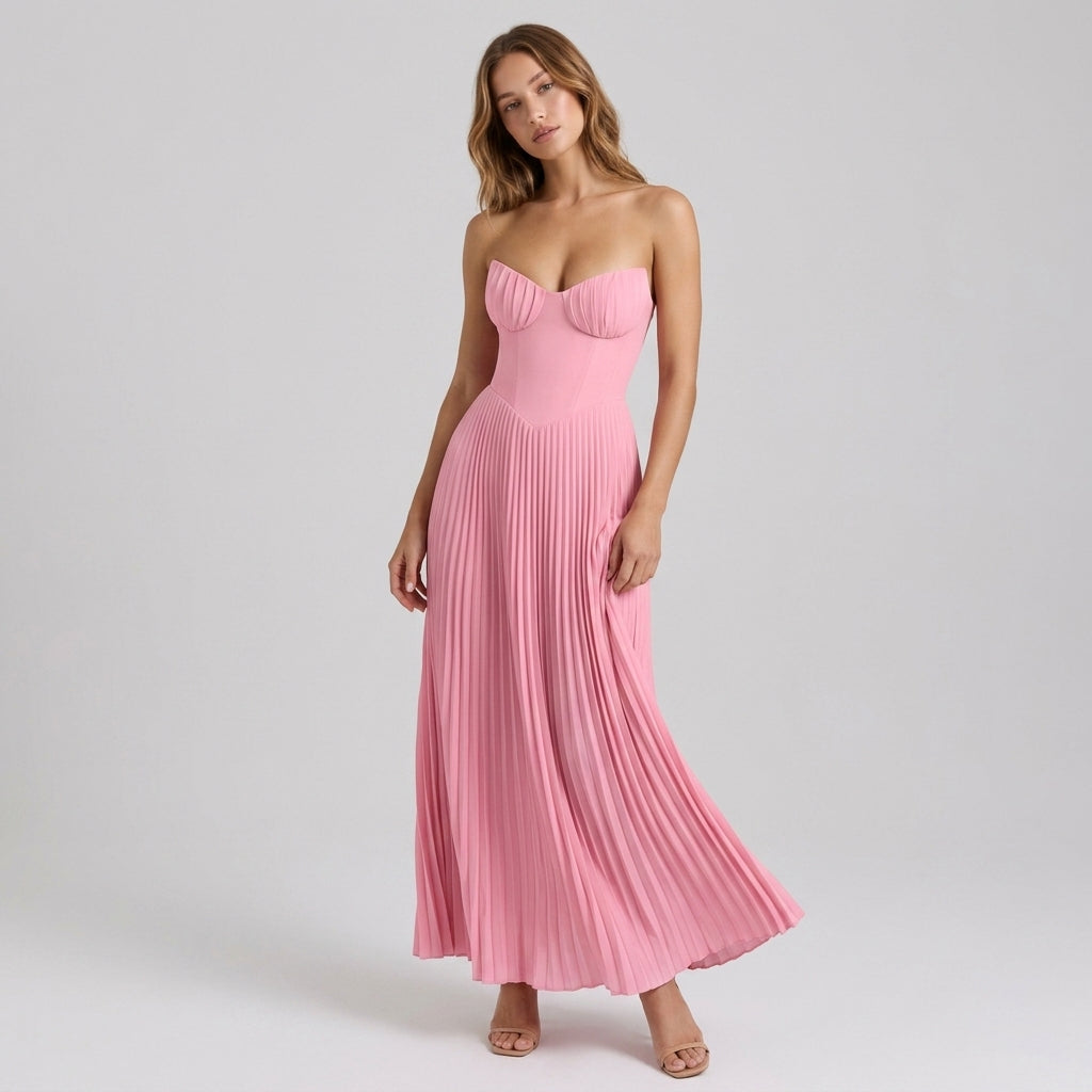 Strapless Ruched Pleated V-Neck Maxi Gown