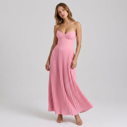 Strapless Ruched Pleated V-Neck Maxi Gown