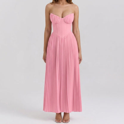Strapless Ruched Pleated V-Neck Maxi Gown