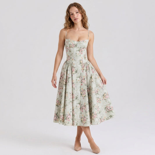 Off-The-Shoulder Puff Sleeve Corset Midi Dress