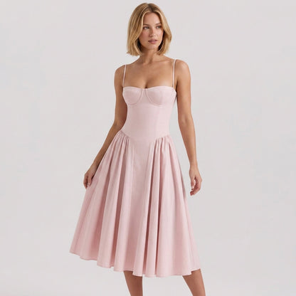 Off-The-Shoulder Puff Sleeve Corset Midi Dress