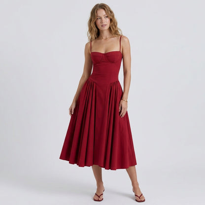 Off-The-Shoulder Puff Sleeve Corset Midi Dress