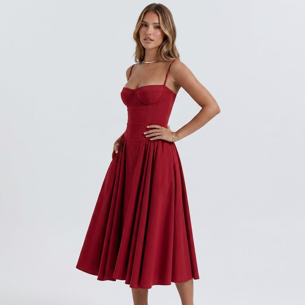 Off-The-Shoulder Puff Sleeve Corset Midi Dress