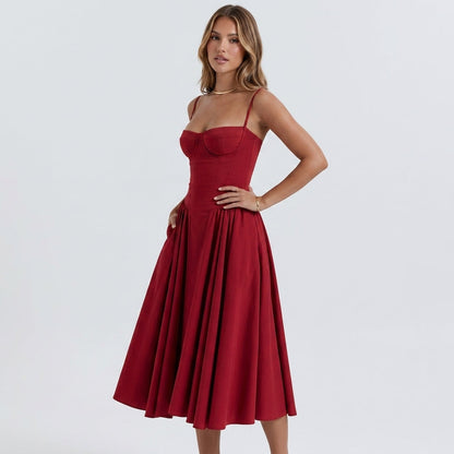 Off-The-Shoulder Puff Sleeve Corset Midi Dress