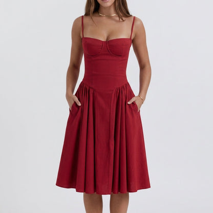 Off-The-Shoulder Puff Sleeve Corset Midi Dress