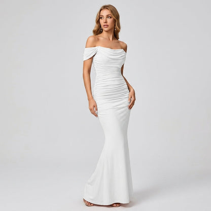One-Shoulder Pleated Fishbone Mesh Midi Dress