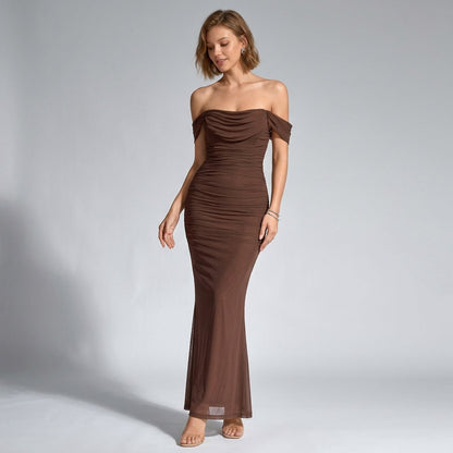 One-Shoulder Pleated Fishbone Mesh Midi Dress