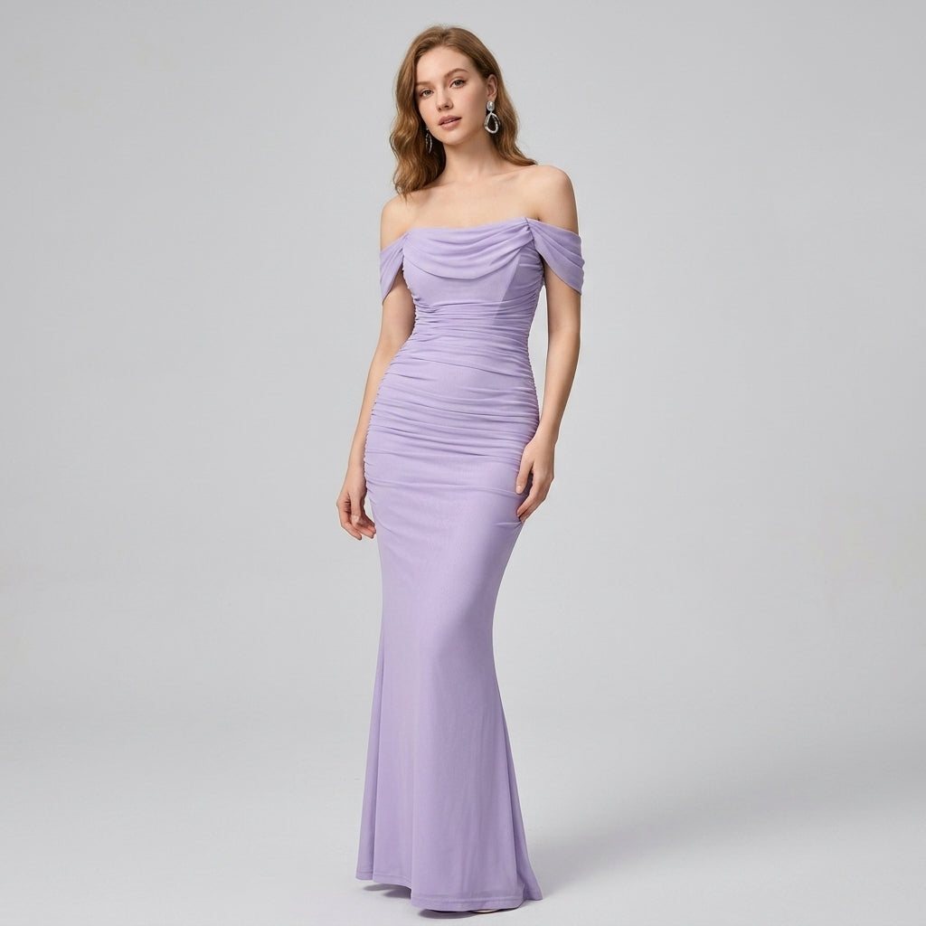 One-Shoulder Pleated Fishbone Mesh Midi Dress