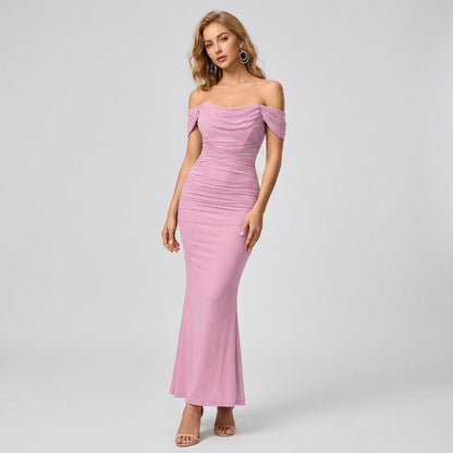 One-Shoulder Pleated Fishbone Mesh Midi Dress