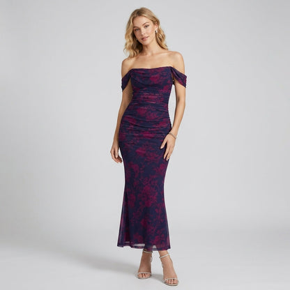 One-Shoulder Pleated Fishbone Mesh Midi Dress