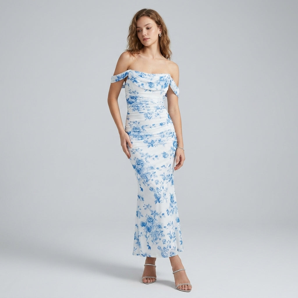 One-Shoulder Pleated Fishbone Mesh Midi Dress
