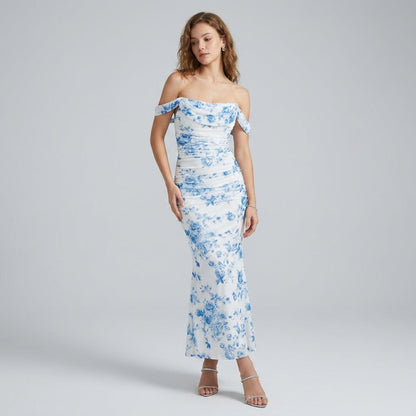 One-Shoulder Pleated Fishbone Mesh Midi Dress
