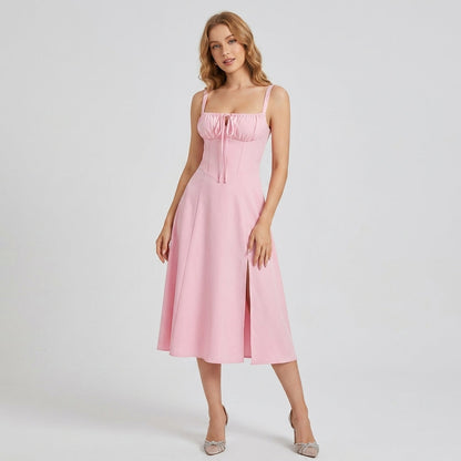 High-Waisted Lace-Up Sling Midi Dress with Slit