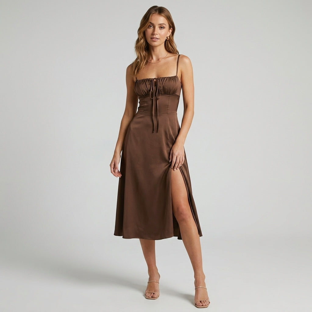 High-Waisted Lace-Up Sling Midi Dress with Slit