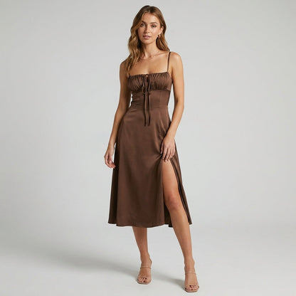 High-Waisted Lace-Up Sling Midi Dress with Slit