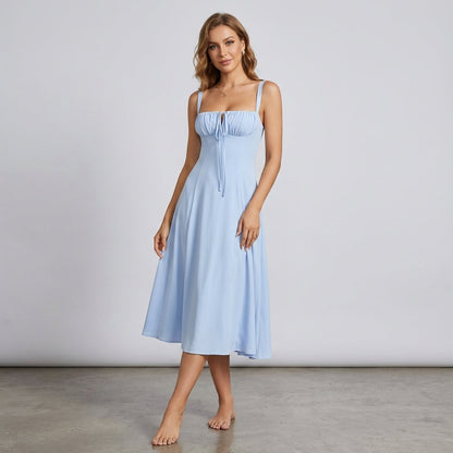 High-Waisted Lace-Up Sling Midi Dress with Slit
