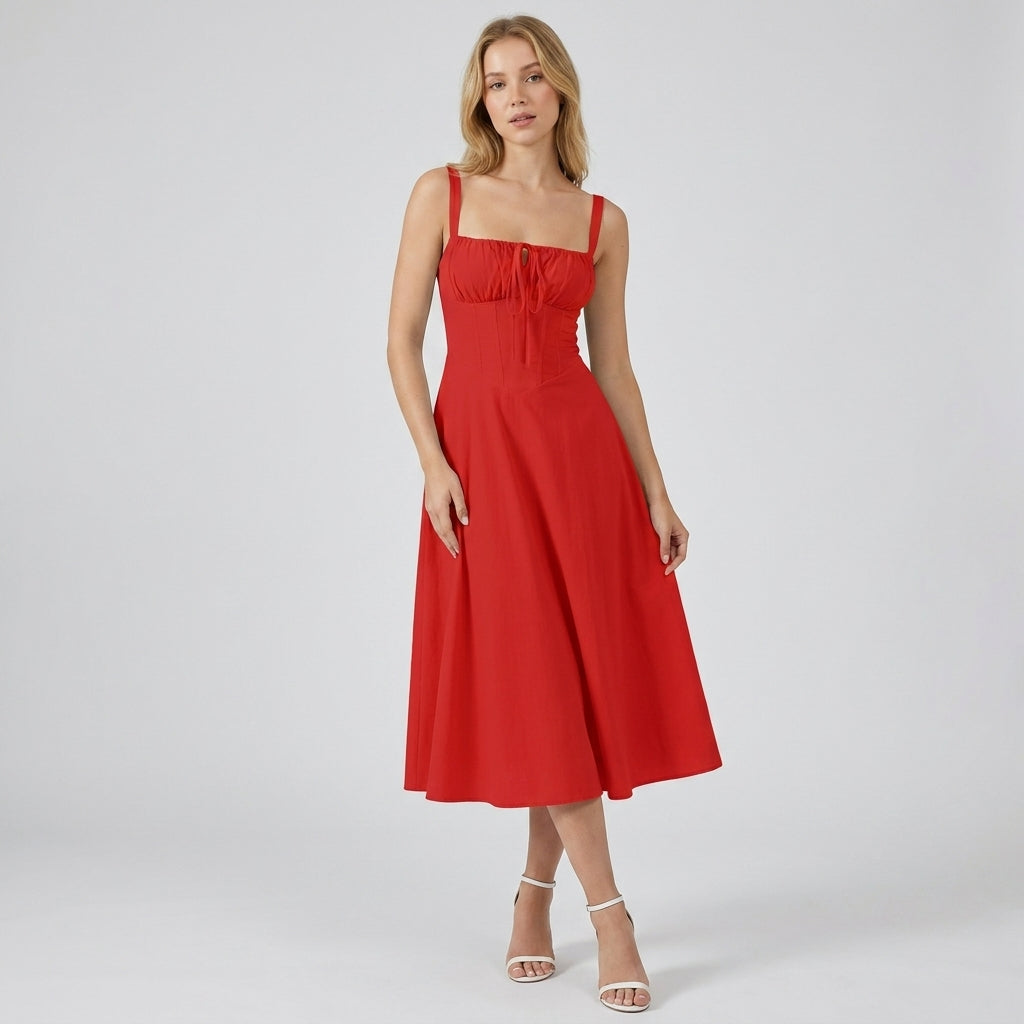 High-Waisted Lace-Up Sling Midi Dress with Slit