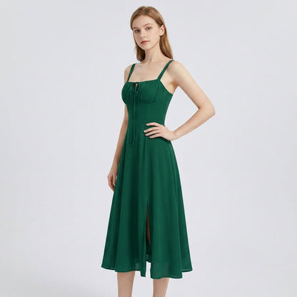 High-Waisted Lace-Up Sling Midi Dress with Slit