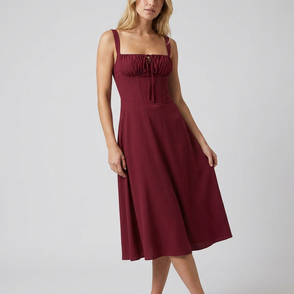 High-Waisted Lace-Up Sling Midi Dress with Slit