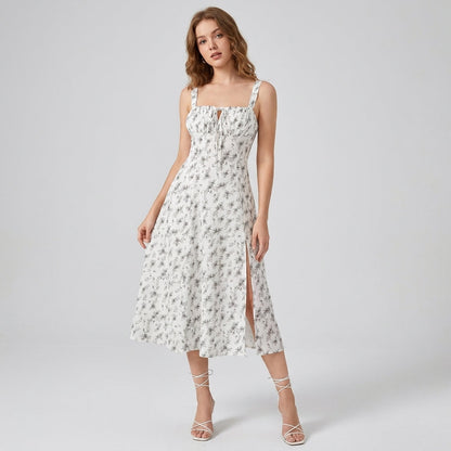 High-Waisted Lace-Up Sling Midi Dress with Slit