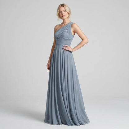One-Shoulder V-Neck Chiffon Maxi Gown