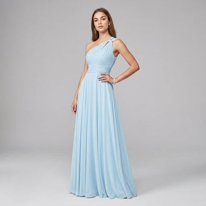 One-Shoulder V-Neck Chiffon Maxi Gown