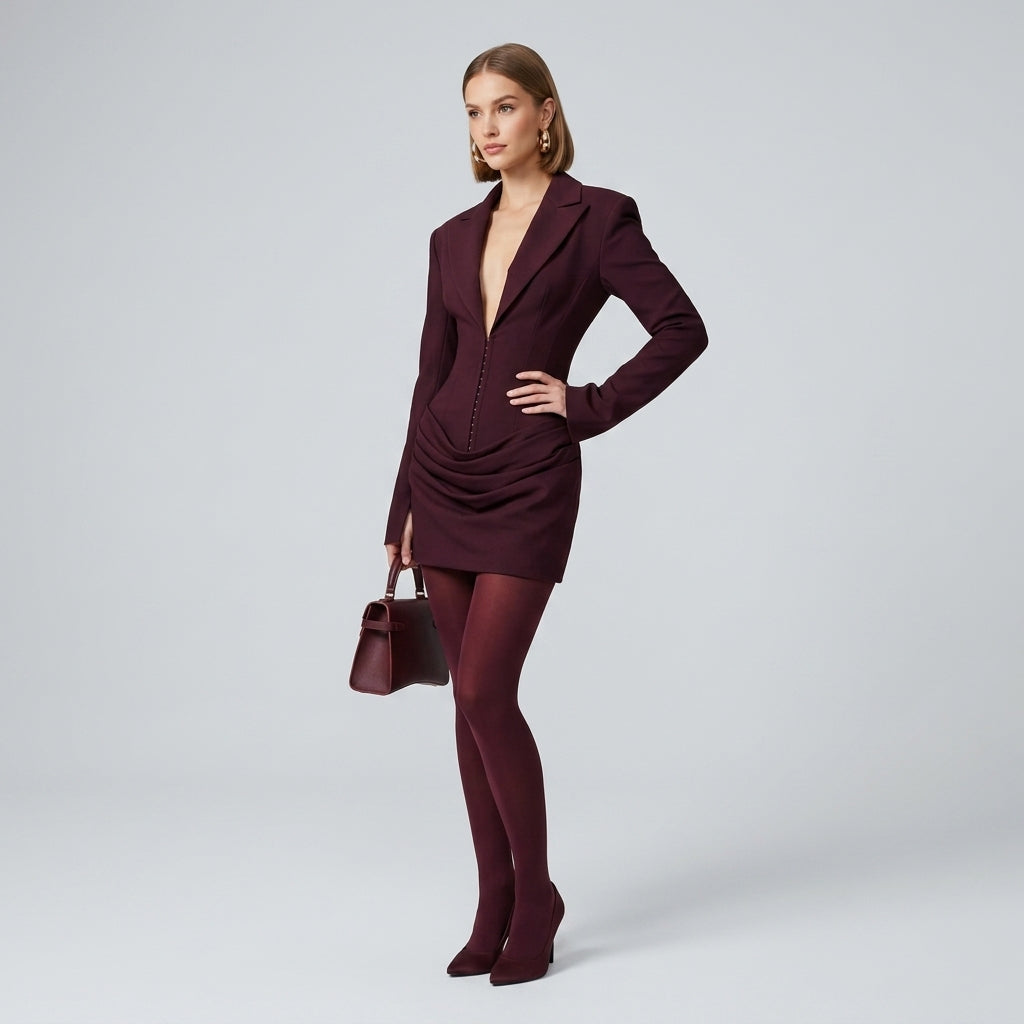 Deep V-Neck Suit Collar Milk Silk Mini Dress