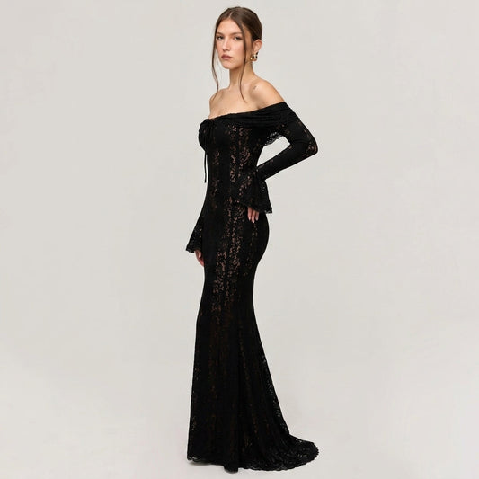One-Shoulder Bell Sleeve Lace Maxi Gown