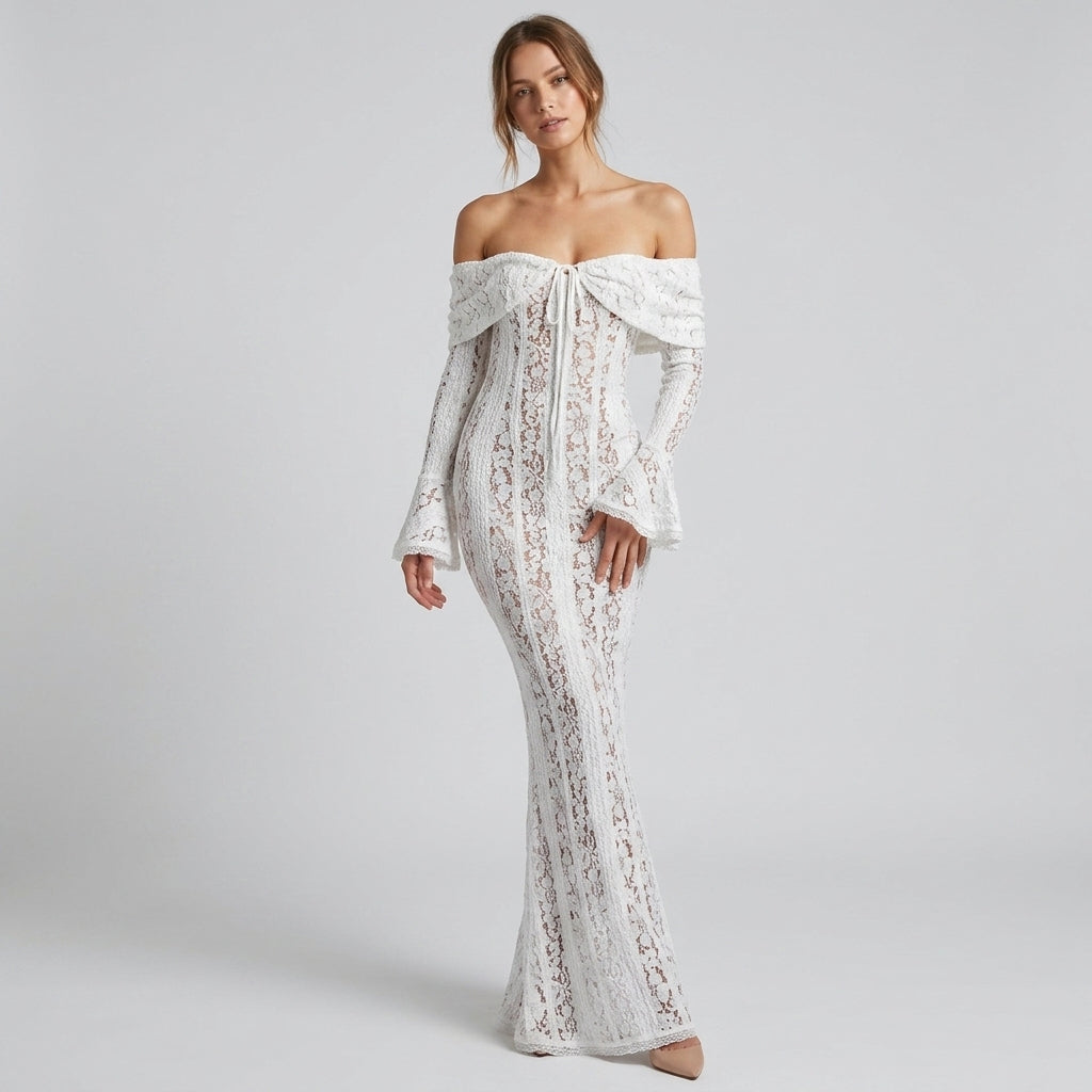 One-Shoulder Bell Sleeve Lace Maxi Gown