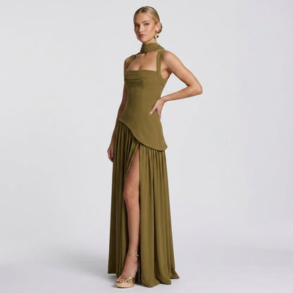 Pleated Scarf Strap High Slit Maxi Dress