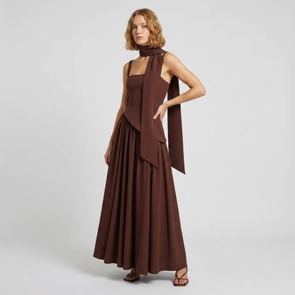 Pleated Scarf Strap High Slit Maxi Dress