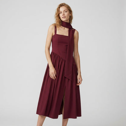 Pleated Scarf Strap High Slit Maxi Dress