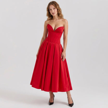 Deep V-Neck Wrap Sleeveless Mid-Length Dress