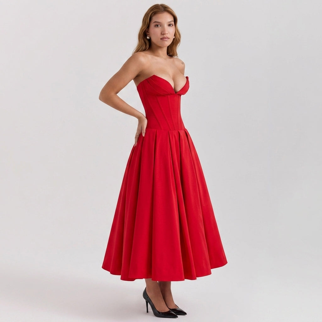 Deep V-Neck Wrap Sleeveless Mid-Length Dress